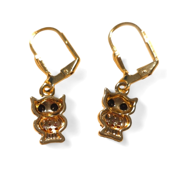 18K Gold Layere Leverback Owl Earrings - Multicolor Micro Pave (Purple, Red, Bla - Picture 2 of 4